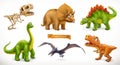 Dinosaurs cartoon character. Brachiosaurus, pterodactyl, tyrannosaurus rex, dinosaur skeleton, triceratops, stegosaurus. Funny Royalty Free Stock Photo