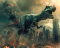 Dinosaurs causing havoc in a crypto-powered city, futuristic skyline crumbling, intense action scene