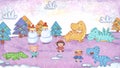 Dinosaurs Children Snowman Celebrating Winter Christmas Holiday Season Crayon Drawing and Doodling Hand-drawn Illustration. Royalty Free Stock Photo