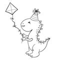 Dinosaurs Coloring art. Baby Dino in festival hat holds Kite, illustration cartoon style Page or Book for Kids and Adults Royalty Free Stock Photo