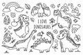 Dinosaurs in cute hand drawn style isolated on white background, dino clipart collection of cartoon animals for coloring book, Royalty Free Stock Photo