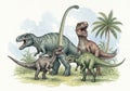 A lively scene. The Brachiosaurus stands tall with a long neck, its Royalty Free Stock Photo