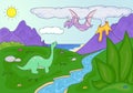 Dinosaurs diplodocus and pterodactyl on a background of prehist