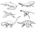 Dinosaurs Elasmosaurus, Mosasaurus, Barosaurus, Diplodocus, Pterosaur, Ankylosaurus, Velociraptor, fossils, winged Royalty Free Stock Photo