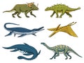 Dinosaurs Elasmosaurus, Mosasaurus, Barosaurus, Diplodocus, Pterosaur, Ankylosaurus, Velociraptor, fossils, winged Royalty Free Stock Photo