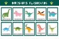 Dinosaurs flashcards collection for kids. Flash cards set with cute dino characters