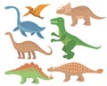 Dinosaurs flat icon set, cartoon style. Collection of objects with pterosaur, stegosaurus, triceratops, allosaurus