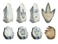 Dinosaurs footprints on grey stones set of watercolor illustrations with paws of Diplodocus, Tyrannosaurus fossil