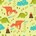 Dinosaurs friends in the clearing. A pattern of dinosaurs in a clearing and volcanoes. For registration of children`s clothing, fa