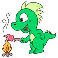 Dinosaurs grilling barbecue meat, doodle icon image kawaii