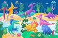 Dinosaurs in Jurassic Park. 3D colour illustration. Landscape for puzzles, posters, wallpaper, picture for children`s educational