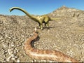 Dinosaurs Jurassic prehistoric scene dinosaur fighting with snake 3d rendering