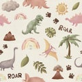 Dinosaurs, mountain, rainbow, volcano, sun, leaves in childish style. Watercolor design Seamless kids pattern. Funny