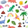 Dinosaurs, mountain, rainbow, volcano, sun, leaves in childish style. Watercolor design Seamless kids pattern. Funny