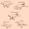 Dinosaurs with names. Pencil sketch by hand. Vintage colors. Vector