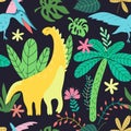 Dinosaurs pattern kids in cartoon style on black background. Seamless vector texture. Trendy vector wallpaper. Cute