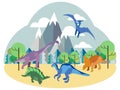 Dinosaurs, prehistoric animals on nature, set. In minimalist style Cartoon flat raster