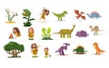 Dinosaurs and Prehistoric Plants, People, Flat Vector Illustration Set