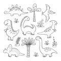 Dinosaurs and prehistoric plants. Set of vector illustration in doodle and cartoon style. Hand drawn. Royalty Free Stock Photo