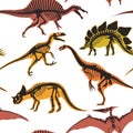 Dinosaurs and pterodactyl types of animals seamless pattern isolated on white background vector.