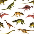 Dinosaurs and pterodactyl types of animals seamless pattern isolated on white background vector.