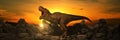 Dinosaurs on rock mountain at sunset. Royalty Free Stock Photo