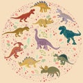 Dinosaurs round flat hand drawn composition on beige background