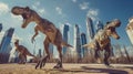 Dinosaurs running through a modern city