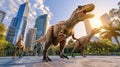 Dinosaurs running through a modern city