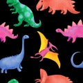 Dinosaurs seamless pattern on black background. Chidish design with fantastic dino. Watercolor repeated backdrop