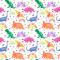 Dinosaurs seamless pattern. Chidish design with cute dino, flowers, rainbows. Watercolor naive simple style for kids