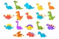 Dinosaurs set, variety species of brightly colored dino vector Illustrations on a white background