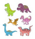 Dinosaurs. Set of vector illustration in doodle and cartoon style. Hand drawn. Linear. Royalty Free Stock Photo