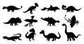 Dinosaurs silhouettes. Black doodle shapes of prehistoric Jurassic reptiles, cute ancient predators and herbivores