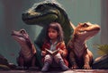 Dinosaurs sitting with a little girl. Generate Ai.
