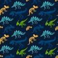 Dinosaurs skeletons fossils seamless pattern. Tshirt print, fabric, modern background. Vector