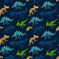 Dinosaurs skeletons fossils seamless pattern. Tshirt print, fabric, modern background. Vector