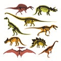 Dinosaurs skeletons and silhouettes vector flat isolated icons of tyrannosaurus, pterodactyl and brontosaurus