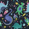 Dinosaurs in space hand drawn color vector seamless pattern Royalty Free Stock Photo