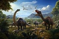 Dinosaurs in the Triassic period age in the green grass land and blue sky background, Habitat of dinosaur, history of world