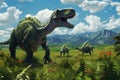 Dinosaurs in the Triassic period age in the green grass land and blue sky background, Habitat of dinosaur, history of world