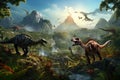 Dinosaurs in the Triassic period age in the green grass land and blue sky background, Habitat of dinosaur, history of world