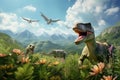 Dinosaurs in the Triassic period age in the green grass land and blue sky background, Habitat of dinosaur, history of world