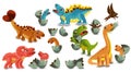 Dinosaurs Tyrannosaurus, Brachiosaurus, Pterodactyl, Triceratops, Stegosaurus cartoon character. Dinosaurs hatching from