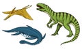 Dinosaurs Tyrannosaurus rex, elasmosaurus, pterosaur, skeletons, fossils. Prehistoric reptiles, Animal engraved Hand