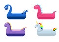 Dinosaurs and unicorn swimming ring. Smiling dinosaur pool objects, funny children lifebuoys isolated on water