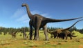 Jurassic valley. Dinosaurs on the valley Royalty Free Stock Photo