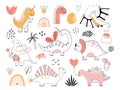 Dinosaurs vector set in doodle style Cute outline baby dino Royalty Free Stock Photo