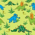 Dinosaurs walking in nature. Seamless.