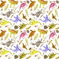 Dinosaurs wallpaper. Seamless pattern on white. Watercolor illustration. For background, cover, textile, packaging.